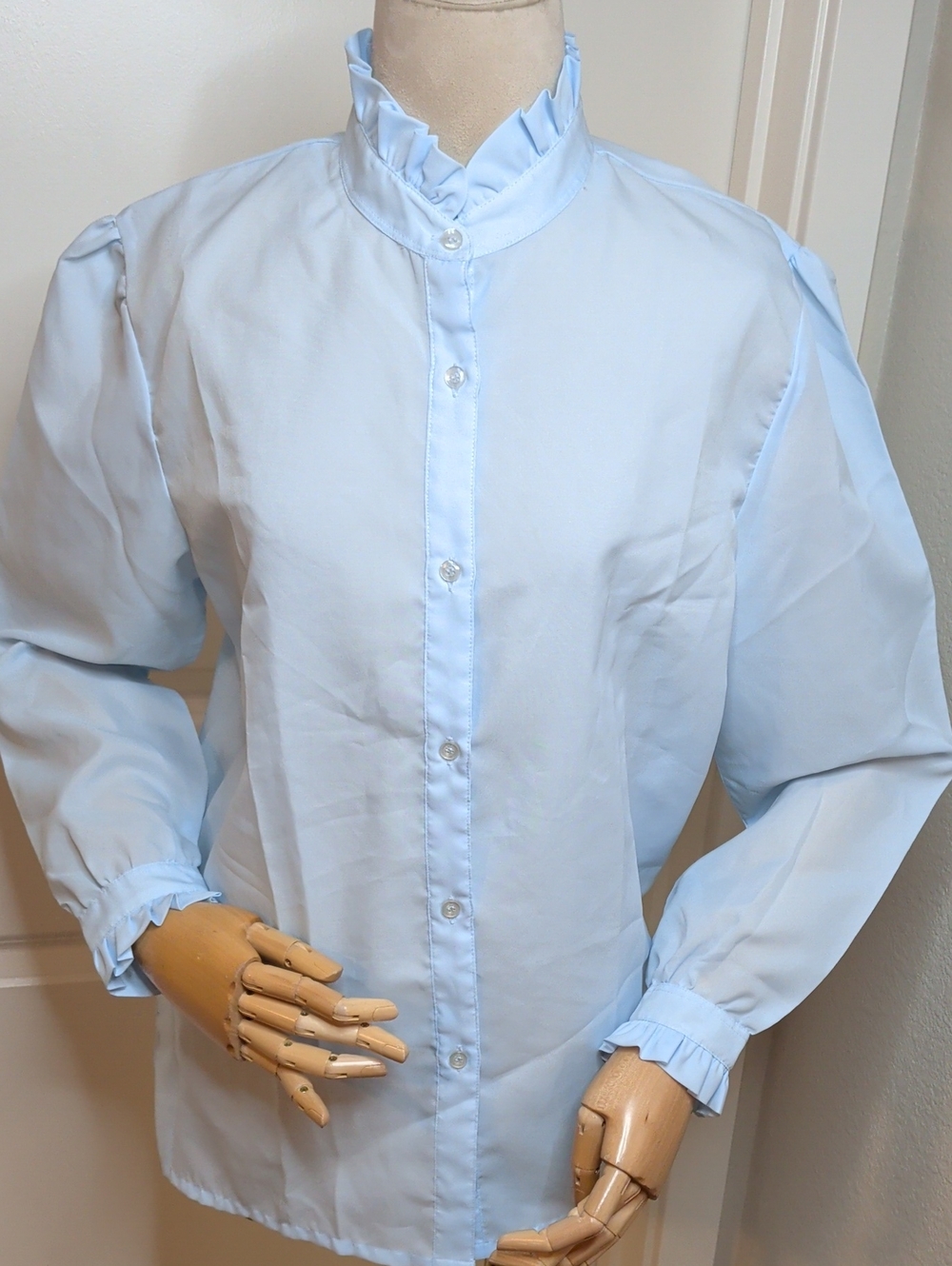 Vintage 80s Light Blue Oxford Blouse Ruffle Collar & Cuffs Preppy SZ 12